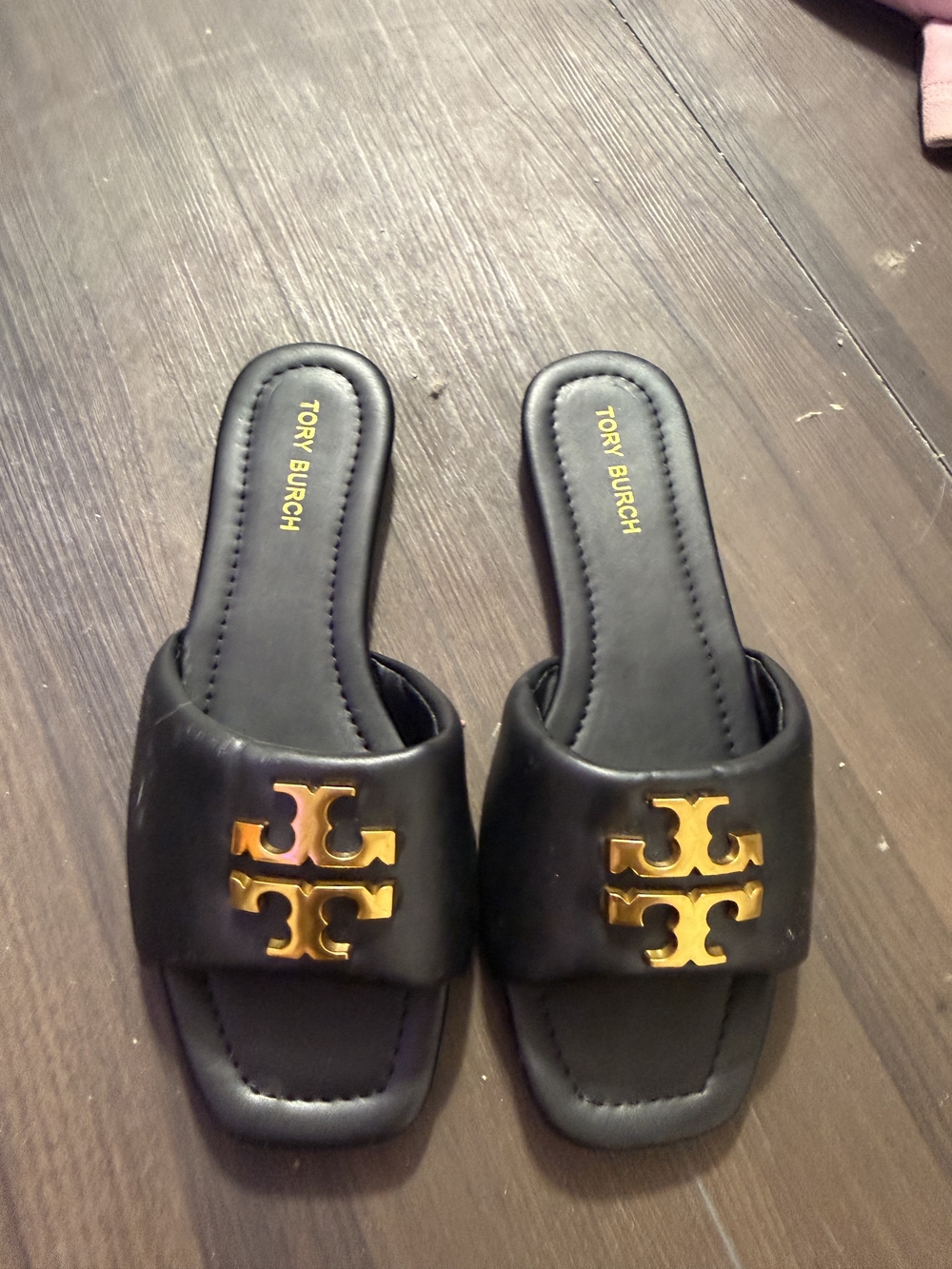 Tory Burch Black Leather Slide Sandals with Gold Logo